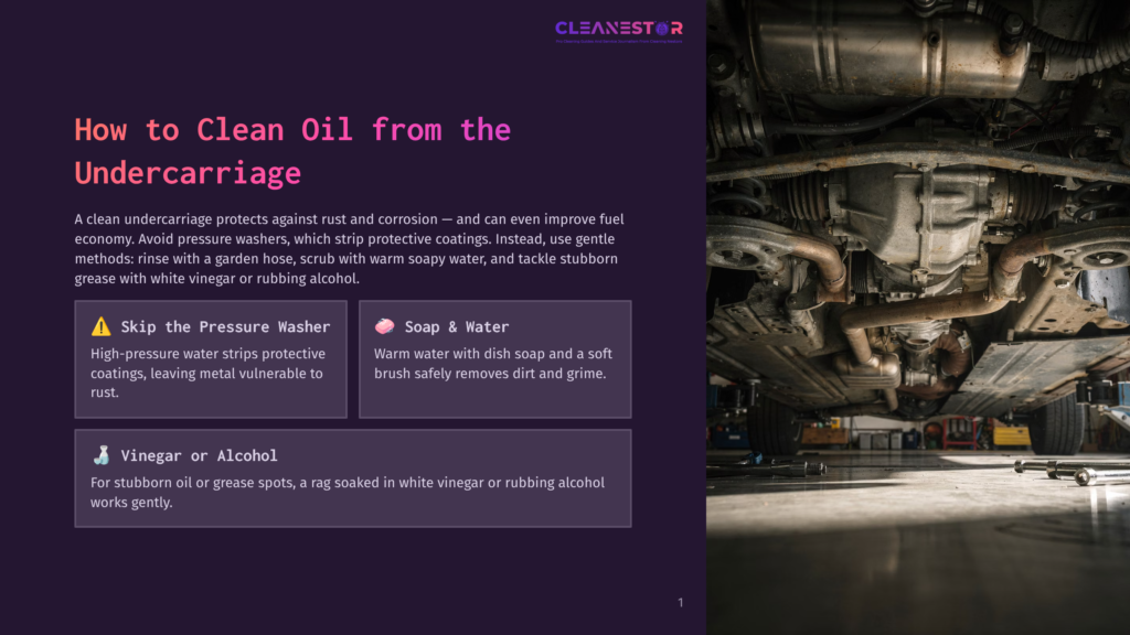 Undercarriage Of A Car With Exhaust Pipes And Transmission Visible, Suggesting A Need For Cleaning Oil And Grime. Text Overlay Provides Cleaning Tips.