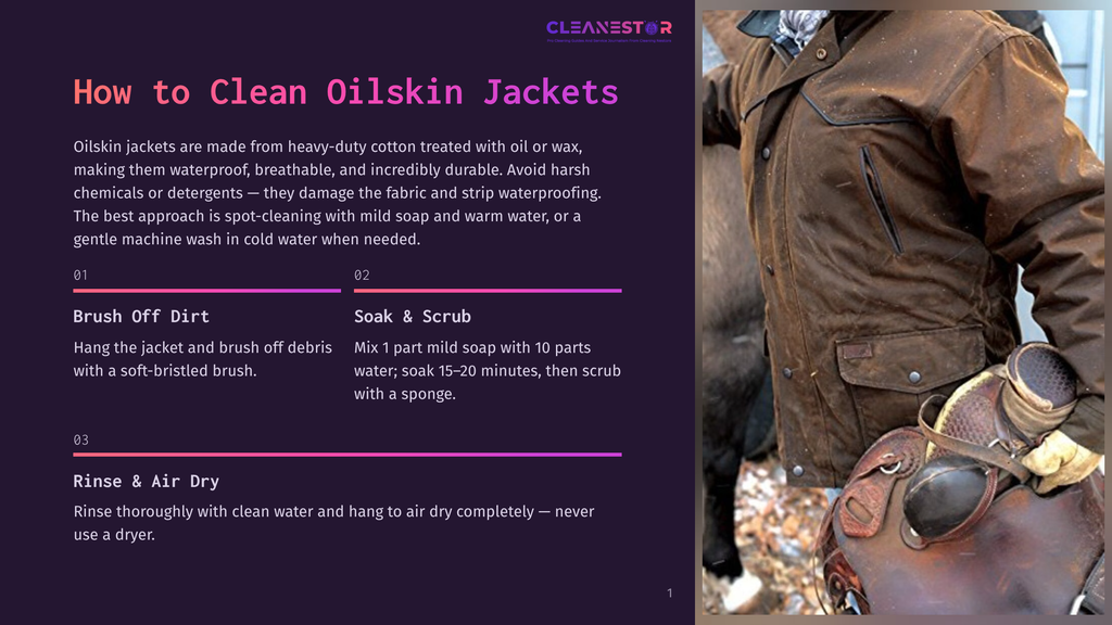 A Person In A Brown Oilskin Jacket Stands Next To A Horse With A Saddle. The Text &Quot;Cleanestor&Quot; Is Visible At The Top Of The Image, Along With Instructions On How To Clean Oilskin Jackets.