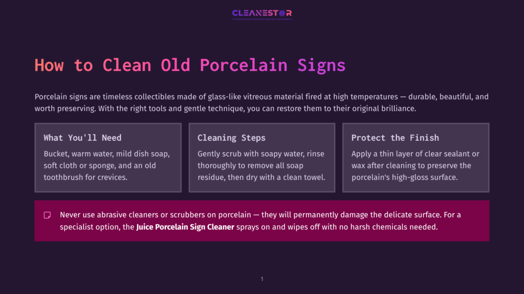 Cleanestor Logo At The Top Of A Page With The Title &Quot;How To Clean Old Porcelain Signs.&Quot; Below Are Three Sections: &Quot;What You'Ll Need,&Quot; &Quot;Cleaning Steps,&Quot; And &Quot;Protect The Finish.&Quot; A Warning About Abrasive Cleaners Is Also Present.