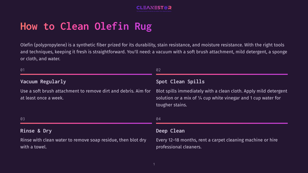 Infographic Detailing How To Clean Olefin Rugs: Vacuum Regularly, Spot Clean Spills, Rinse And Dry, And Deep Clean.