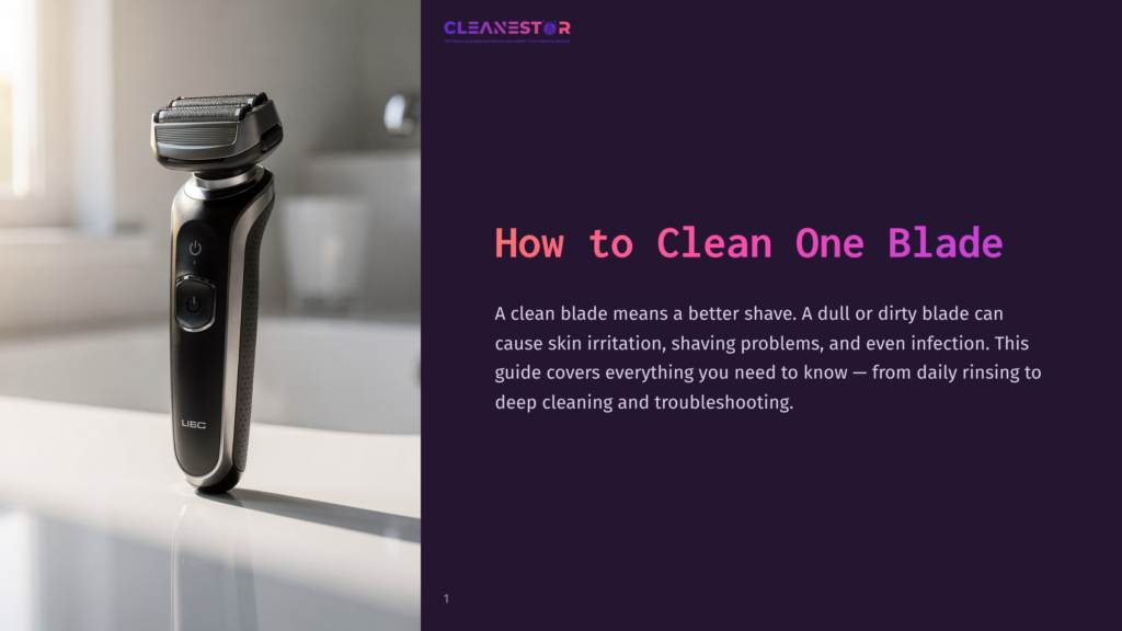 A Black Electric Shaver With A Silver Head Sits On A White Surface, With The Title &Quot;How To Clean One Blade&Quot; Overlaid On A Dark Purple Background.