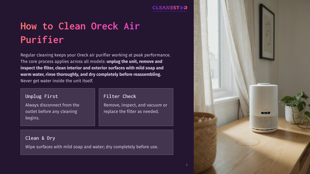 A Modern White Oreck Air Purifier Sits On A Wooden Table Next To A Wicker Basket And A Potted Plant, With Text Overlay On The Left Detailing How To Clean Oreck Air Purifiers.