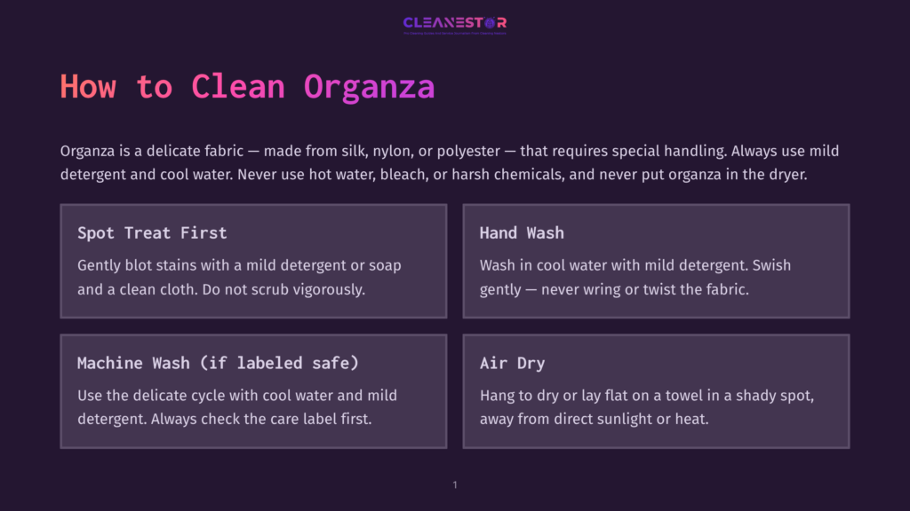 Diagram Titled &Quot;How To Clean Organza&Quot; With Four Sections: Spot Treat First, Hand Wash, Machine Wash (If Labeled Safe), And Air Dry. Cleanestor Logo At The Top.