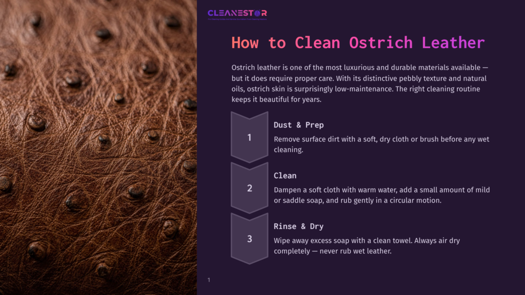 Close-Up Of Rich, Textured Brown Ostrich Leather With Its Characteristic Pebbly Pattern, Showcasing The Natural Oils That Keep It Beautiful. Text Overlay: &Quot;Cleanestor&Quot; Logo And &Quot;How To Clean Ostrich Leather&Quot;.