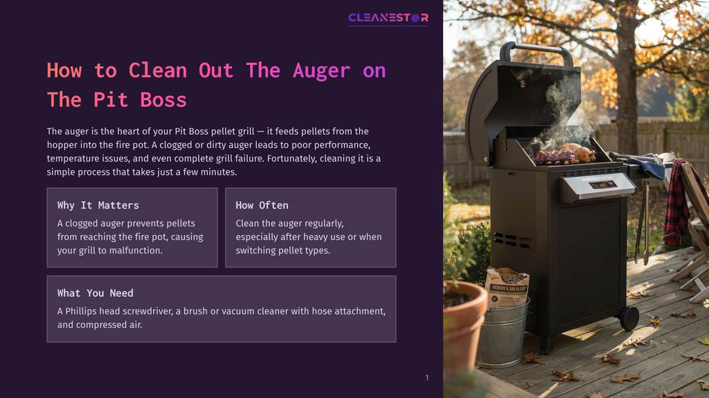 A Black Pit Boss Pellet Grill Is Smoking Ribs Outdoors On A Patio, With A Bag Of Hickory And Maple Wood Pellets In Front Of It. Text Overlay Reads &Quot;How To Clean Out The Auger On The Pit Boss&Quot;.