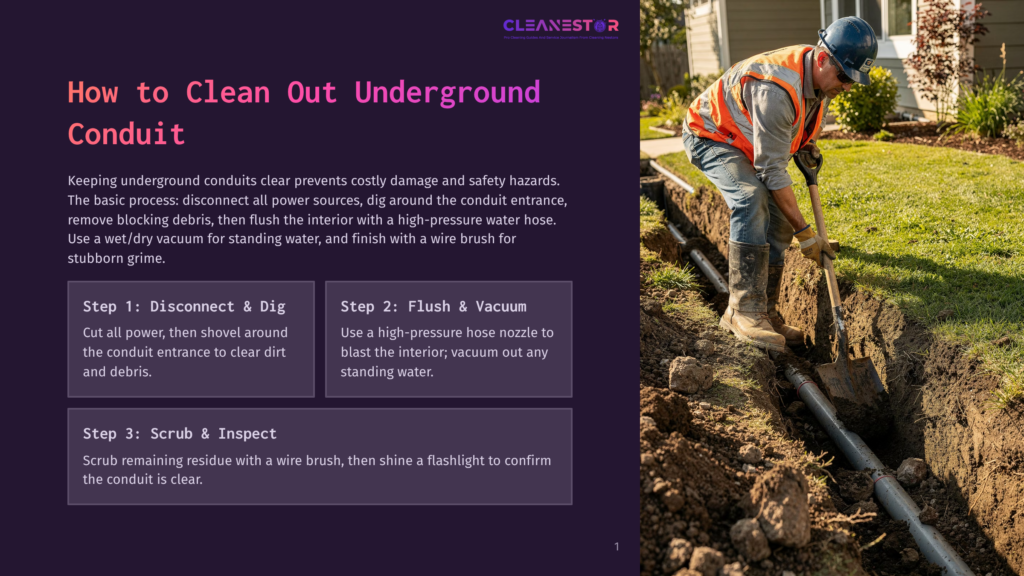 A Worker In A Hard Hat And Safety Vest Digs A Trench To Access Underground Conduit, With A Shovel And A High-Pressure Water Hose Visible. The Text &Quot;How To Clean Out Underground Conduit&Quot; Is Overlaid On The Left.