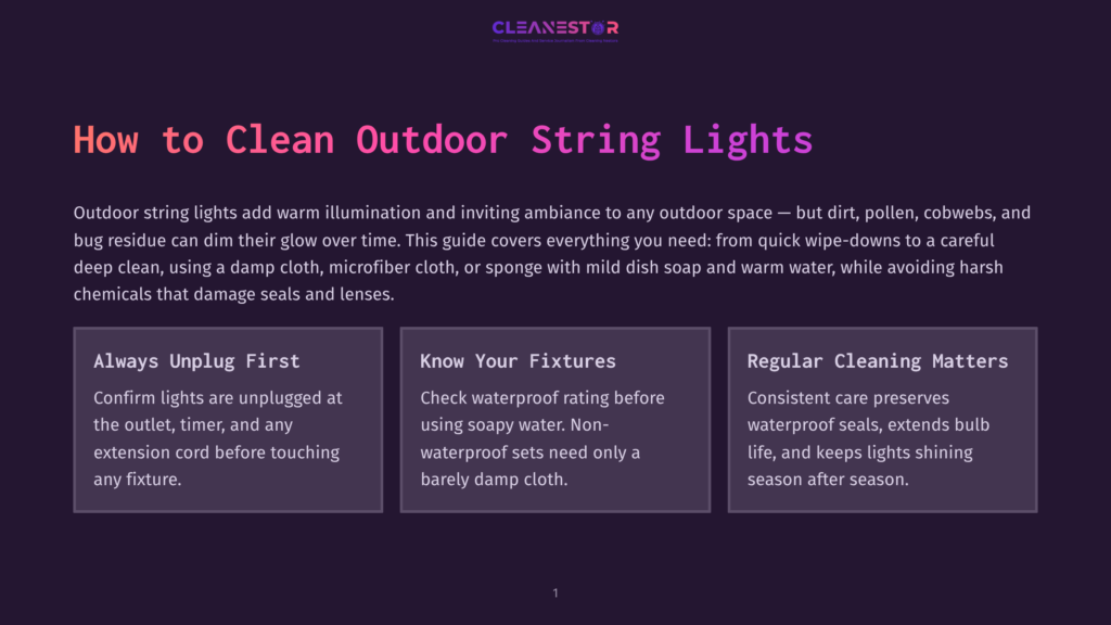Title Card For &Quot;How To Clean Outdoor String Lights&Quot; By Cleanestor, Featuring A Dark Purple Background With A Gradient, The Title In Large White And Yellow Text, And Three Boxes With Tips On Cleaning Lights.