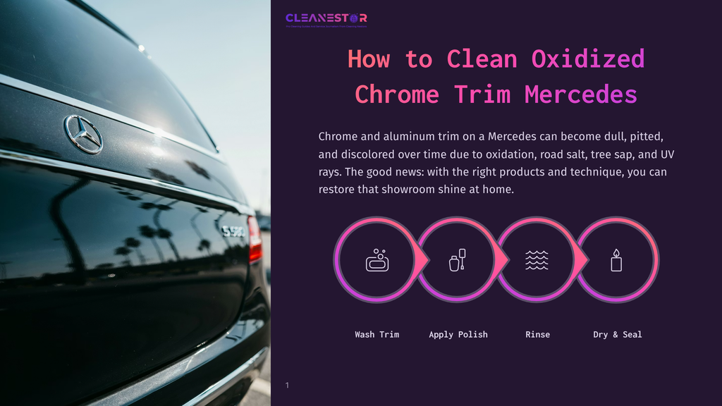 Close-Up Of The Rear Of A Black Mercedes-Benz With A Chrome Mercedes-Benz Emblem And &Quot;S 500&Quot; Badging. The Text &Quot;How To Clean Oxidized Chrome Trim Mercedes&Quot; Is Overlaid On The Right Side Of The Image.