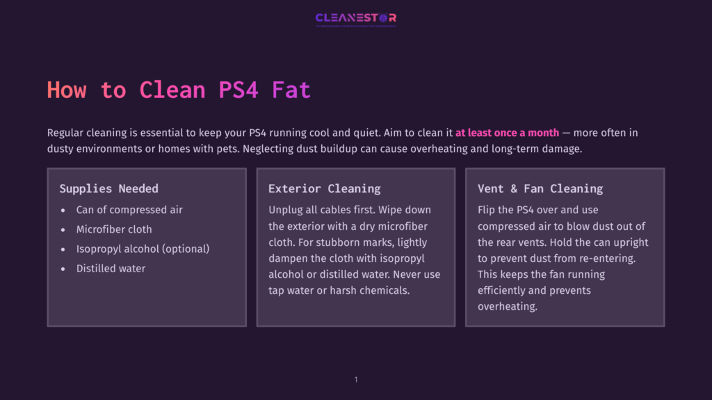 Infographic Titled &Quot;How To Clean Ps4 Fat&Quot; With Sections On Supplies Needed, Exterior Cleaning, And Vent &Amp; Fan Cleaning, Offering Tips For Maintaining The Console.