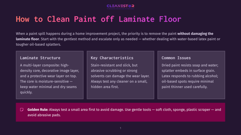 Cleanestor Logo And Title: &Quot;How To Clean Paint Off Laminate Floor.&Quot; Three Columns Detail Laminate Structure, Characteristics, And Common Issues, With A &Quot;Golden Rule&Quot; Tip At The Bottom.
