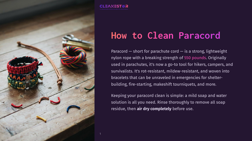 A Close-Up Of Colorful Paracord Bracelets And Loose Paracord Strands On A Rustic Wooden Table, With Scissors In The Background. Text Reads &Quot;Cleanestor How To Clean Paracord.