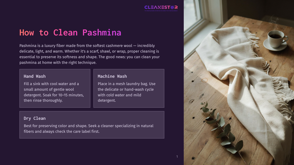 A Soft, Cream-Colored Pashmina Scarf Is Draped Over A Wooden Table Next To A White Mug Of Coffee And A Sprig Of Eucalyptus, With Text About Cleaning Pashmina.