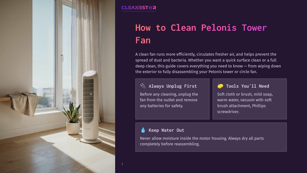 Cleanestor How To Clean Pelonis Tower Fan Guide: A White Tower Fan Stands In A Sunlit Room Next To A Potted Plant And A Draped Towel.