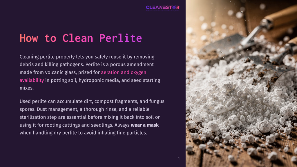 Close-Up Of White Perlite, A Porous Volcanic Glass Amendment, With A Gardening Trowel And Soil In The Background. Text Overlay: &Quot;How To Clean Perlite&Quot; And &Quot;Cleanestor&Quot;.