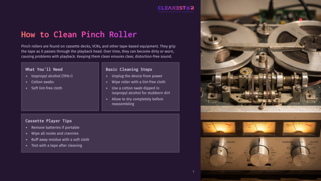 Close-Up Of A Vintage Reel-To-Reel Tape Player With Prominent Pinch Rollers, Featuring Vu Meters And Control Knobs. Text Overlay Reads &Quot;Cleanestor&Quot; And &Quot;How To Clean Pinch Roller&Quot;.