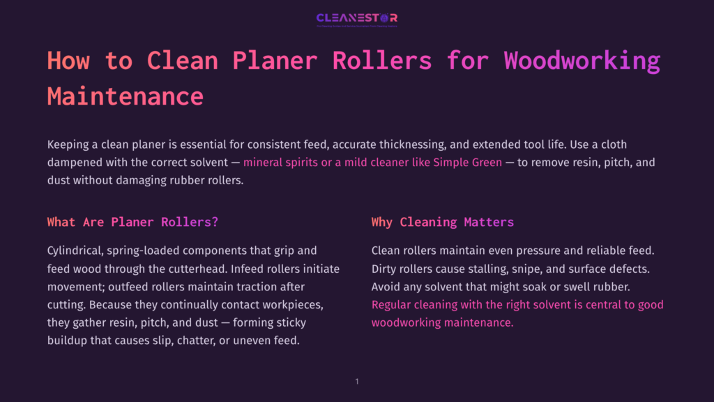 1 How To Clean Planer Rollers For Woodworking Maintenance Title Graphic For &Quot;How To Clean Planer Rollers For Woodworking Maintenance&Quot; Featuring The Cleanestor Logo And A Dark Purple Background With Pink And White Text.