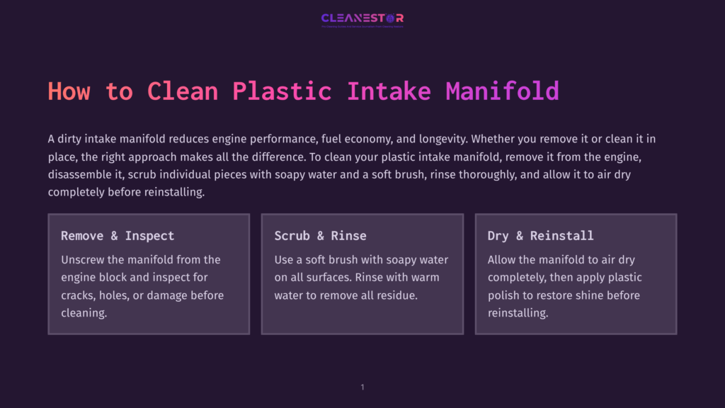 Title Card For &Quot;How To Clean Plastic Intake Manifold&Quot; By Cleanestor, Featuring A Dark Background With The Title In Large, Bold, White And Purple Text.
