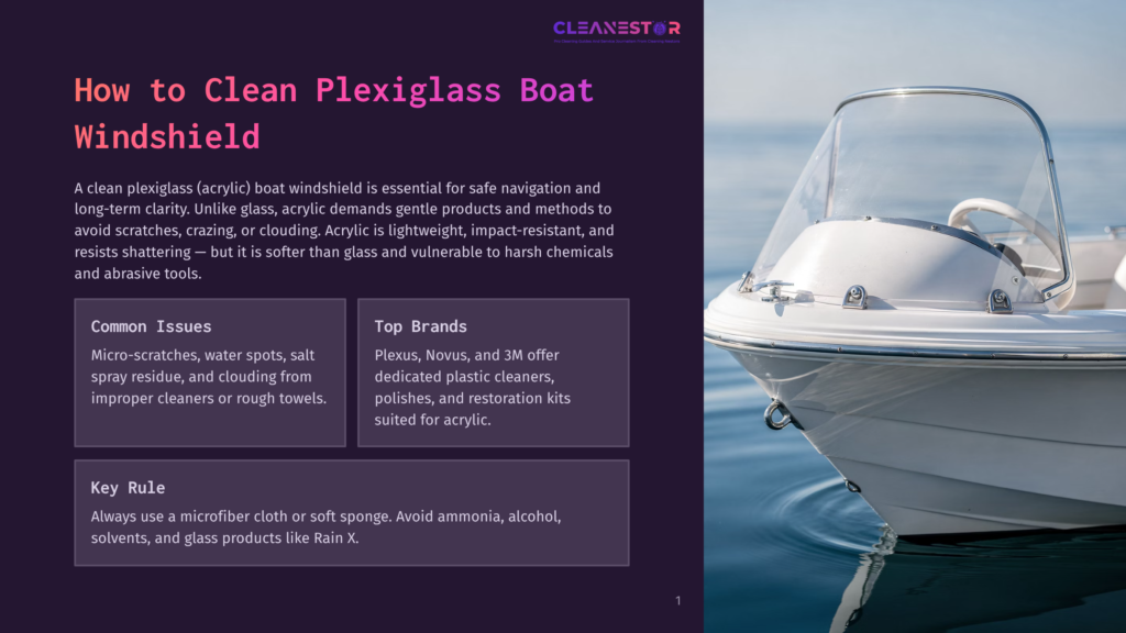 A White Boat With A Clear Plexiglass Windshield Sits On Blue Water, Ready For A Day Of Boating. The Text &Quot;Cleanestor&Quot; Is Visible At The Top Of The Image.