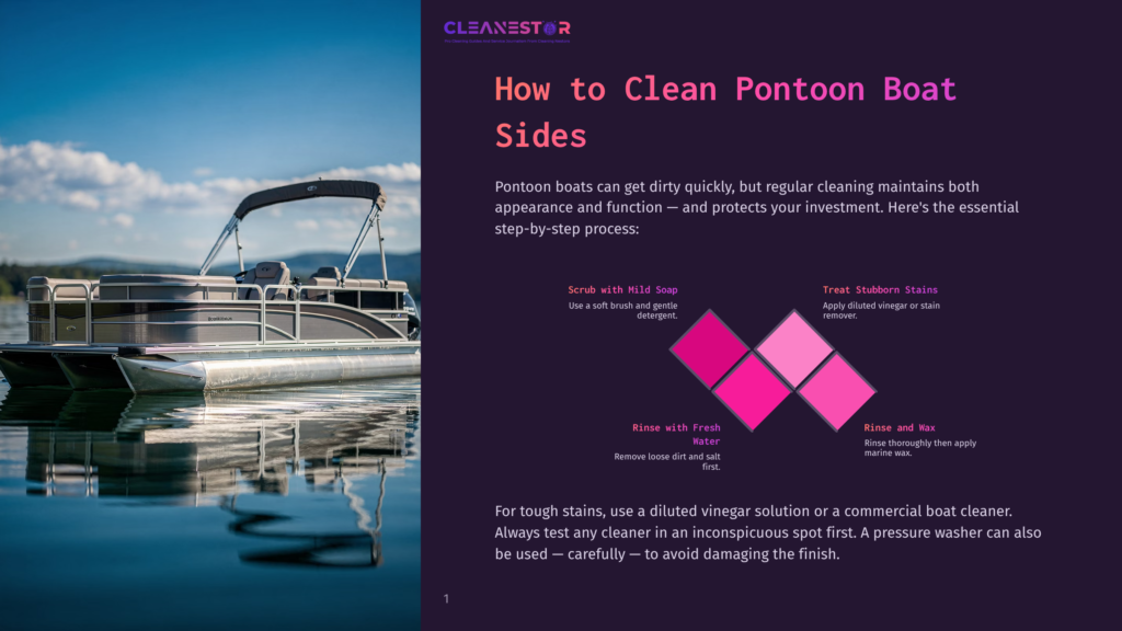 A Pontoon Boat With A Blue Canopy Sits On Calm Water Next To A Dock, With Trees In The Background. Text Overlay Reads: &Quot;Cleanestor How To Clean Pontoon Boat Sides&Quot;.