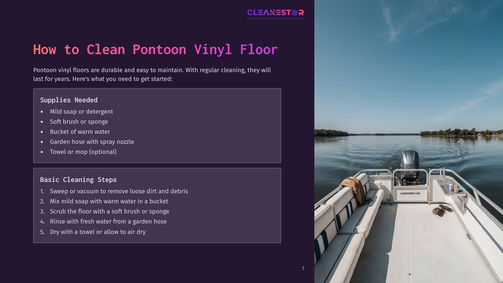 How To Clean Pontoon Vinyl Floor&Quot; Text Overlay On An Image Of The Bow Of A White Pontoon Boat With Blue Trim, Docked On A Calm Lake With A Clear Sky.