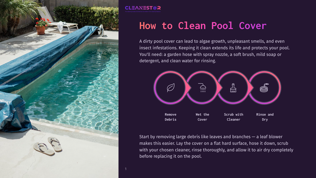 A Blue Pool Cover Is Partially Removed From A Sparkling Clean Swimming Pool, Revealing Clear Water. Beside The Pool, Two Flip-Flops Rest On The Concrete Patio. The Text &Quot;Cleanestor&Quot; Is Visible At The Top Left.