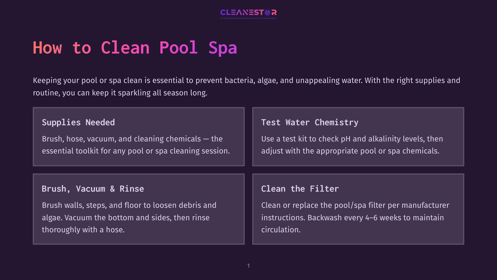 A Dark Purple Slide With The Title &Quot;How To Clean Pool Spa&Quot; And Sections On &Quot;Supplies Needed,&Quot; &Quot;Test Water Chemistry,&Quot; &Quot;Brush, Vacuum &Amp; Rinse,&Quot; And &Quot;Clean The Filter.