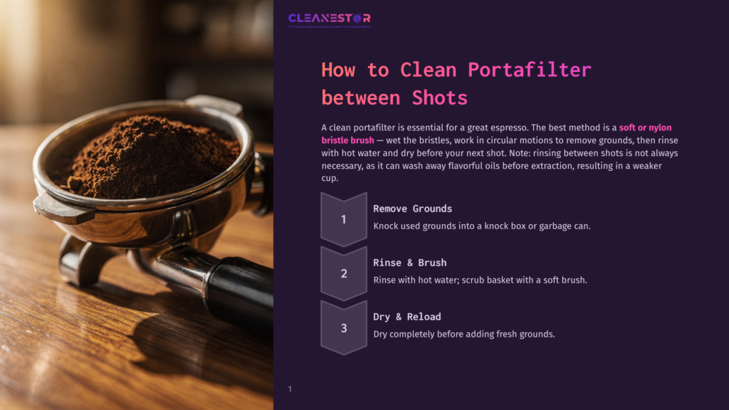 A Close-Up Of A Portafilter Filled With Dark Espresso Grounds, Resting On A Wooden Table. The Text &Quot;How To Clean Portafilter Between Shots&Quot; Is Visible On The Right.