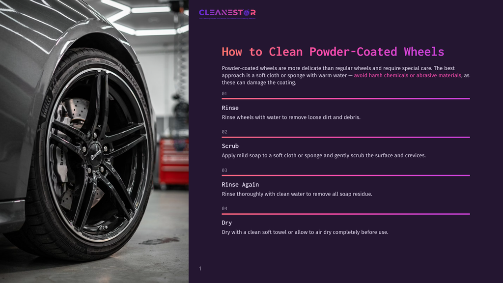 Close-Up Of A Clean, Black Powder-Coated Car Wheel With A Tire And Part Of The Car'S Grey Body. Text Overlays Detail Steps For Cleaning Powder-Coated Wheels.