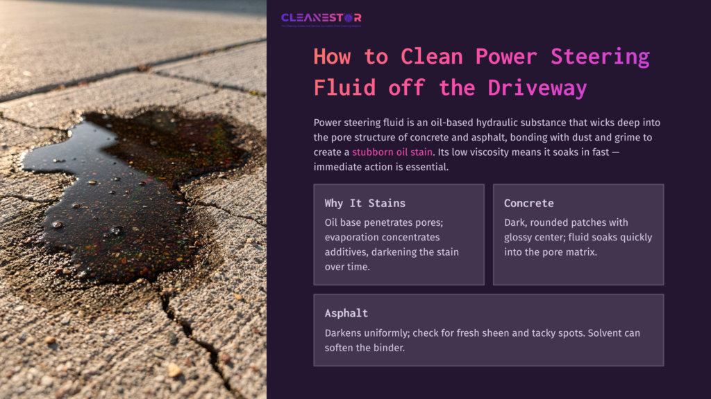 Dark, Oily Power Steering Fluid Stains A Concrete Driveway, Highlighting The Challenge Of Cleaning Stubborn Oil Stains From Porous Surfaces.