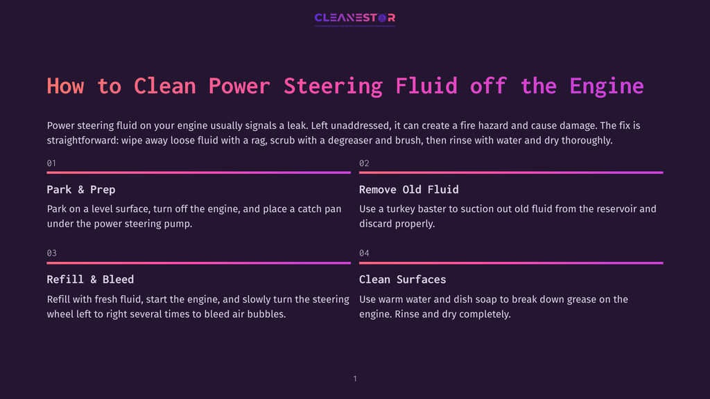 1 How To Clean Power Steering Fluid Off The Engine Infographic Titled &Quot;How To Clean Power Steering Fluid Off The Engine&Quot; Detailing Steps: Park &Amp; Prep, Remove Old Fluid, Refill &Amp; Bleed, And Clean Surfaces, With Purple And Pink Accents.