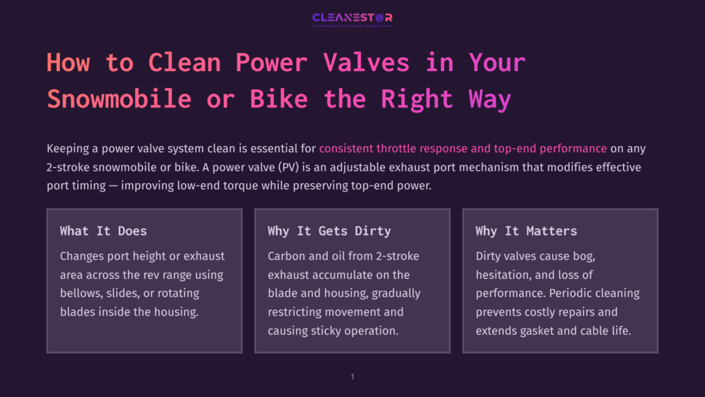 Cleanestor Logo And Title &Quot;How To Clean Power Valves In Your Snowmobile Or Bike The Right Way&Quot;. Three Sections Detailing What Power Valves Are, Why They Get Dirty, And Why They Matter.