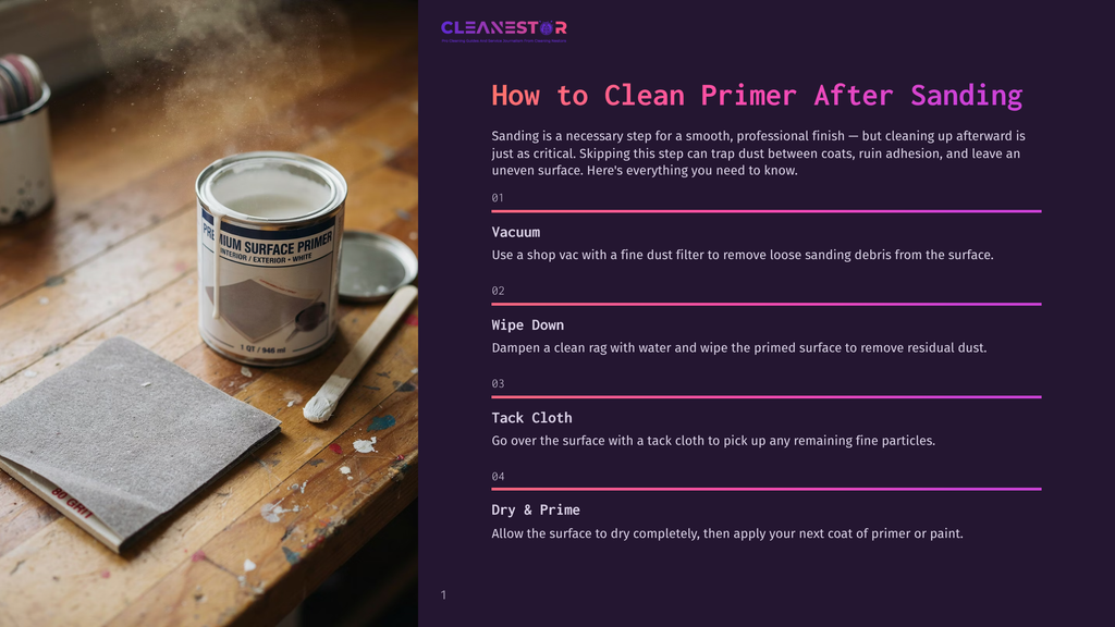 1 How To Clean Primer After Sanding 1 A Can Of White Primer Sits On A Wooden Surface Next To A Sanding Block And A Rag. The Can Has A Label That Reads &Quot;Premium Surface Primer&Quot;.