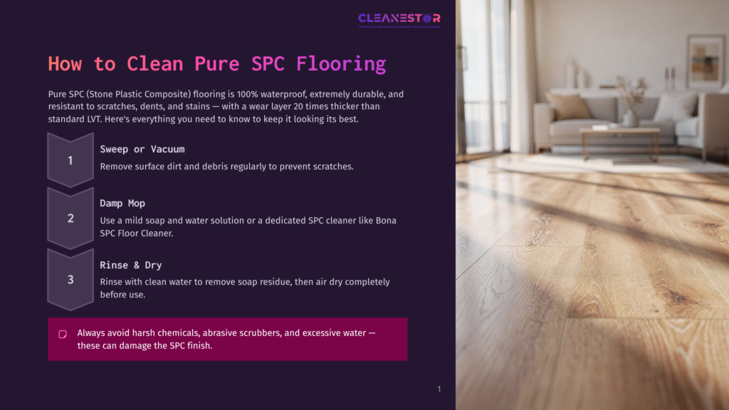 Graphic Overlay On A Room With Light Wood Spc Flooring Showing Steps For Cleaning: 1. Sweep Or Vacuum, 2. Damp Mop, 3. Rinse &Amp; Dry. Text Warns Against Harsh Chemicals Damaging The Spc Finish.
