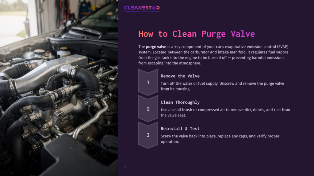 Close-Up Of A Car'S Engine Bay, Focusing On The Complex Network Of Hoses And Metal Components. Text Overlay Reads &Quot;How To Clean Purge Valve&Quot; With Numbered Steps.