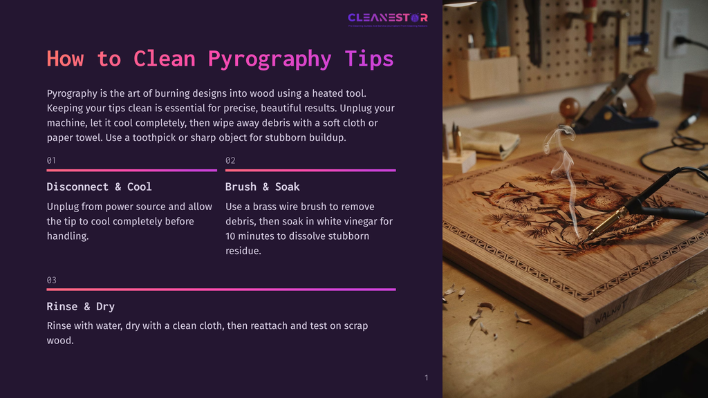 1 How To Clean Pyrography Tips A Close-Up Of A Wooden Cutting Board With A Pyrography Design Of A Wolf'S Head, With A Hot Pyrography Tool Smoking On The Right Side Of The Board. &Quot;How To Clean Pyrography Tips&Quot; Text Is Visible On The Left.