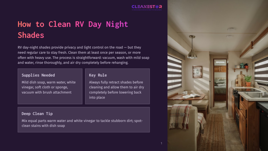 Interior Of A Clean Rv Living Area With A Kitchen, Dining Table, And Sleeping Area Visible. The Text &Quot;Cleanestor&Quot; Is At The Top.