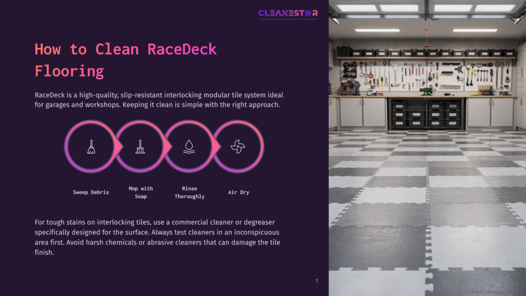 Cleanestor Logo At The Top Of A Graphic Showing How To Clean Racedeck Garage Flooring. The Cleaning Steps Include Sweeping, Mopping With Soap, Rinsing, And Air Drying.