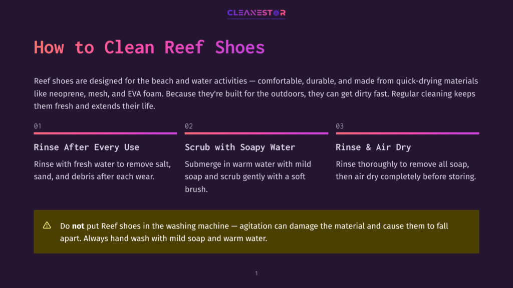 Infographic Titled &Quot;How To Clean Reef Shoes&Quot; With Three Steps: Rinse After Every Use, Scrub With Soapy Water, And Rinse &Amp; Air Dry. A Warning States Not To Put Reef Shoes In The Washing Machine.