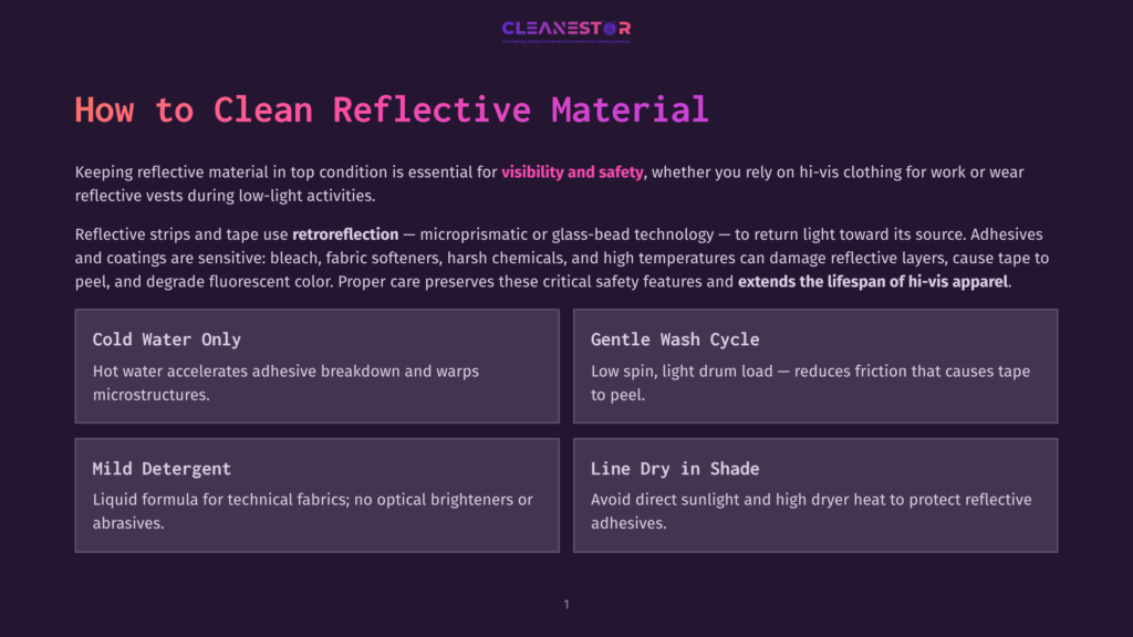 How To Clean Reflective Material: A Guide On Cleaning Hi-Vis Clothing And Reflective Strips, Detailing Cold Water, Gentle Wash, Mild Detergent, And Line Dry Methods To Preserve Reflective Properties.