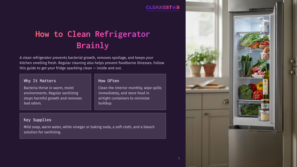 A Clean, Open Refrigerator Is Filled With Fresh Produce Like Lettuce, Broccoli, And Eggs, With Jars Of Pickles And Olive Oil Visible. Text Overlay Reads &Quot;Cleanestor&Quot; And &Quot;How To Clean Refrigerator Brainly.