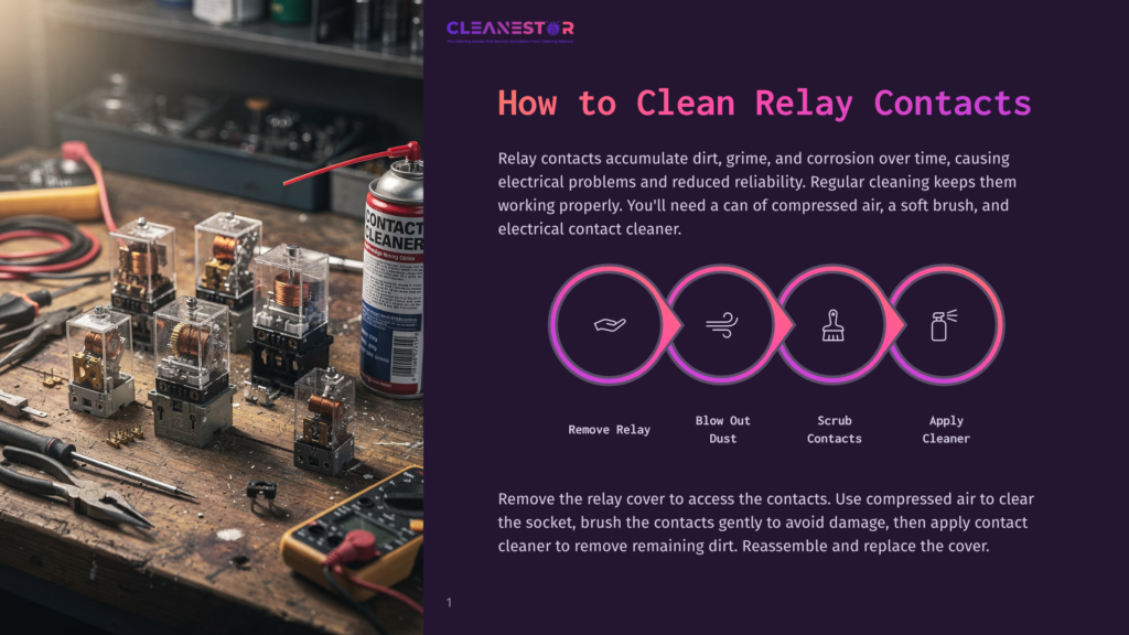 A Close-Up Shot Shows Several Electrical Relays On A Wooden Workbench, With A Can Of Electrical Contact Cleaner And Tools In The Foreground. The Image Also Features A Graphic Illustrating The Process Of Cleaning Relay Contacts: Remove Relay, Blow Out Dust, Scrub Contacts, And Apply Cleaner.