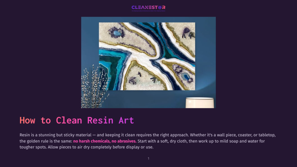 Abstract Resin Art With Swirling Patterns Of Turquoise, White, And Gold, Mounted On A Dark Blue Wall. Text Reads: &Quot;Cleanestor - Pro Cleaning Services And Innovative Home Cleaning Solutions&Quot; And &Quot;How To Clean Resin Art&Quot;.