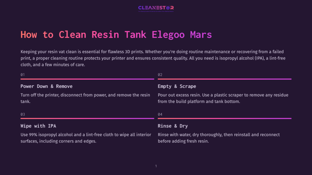 Infographic Titled &Quot;How To Clean Resin Tank Elegoo Mars&Quot; With Steps: 1. Power Down &Amp; Remove, 2. Empty &Amp; Scrape, 3. Wipe With Ipa, 4. Rinse &Amp; Dry. The Background Is Dark Purple With Vibrant Pink And Purple Gradient Lines Separating The Sections.