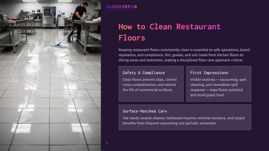A Restaurant Kitchen Floor Is Being Cleaned With A Mop, Showing A Person In The Background. The Floor Has A Pattern Of White Tiles And Wet Streaks From Cleaning.