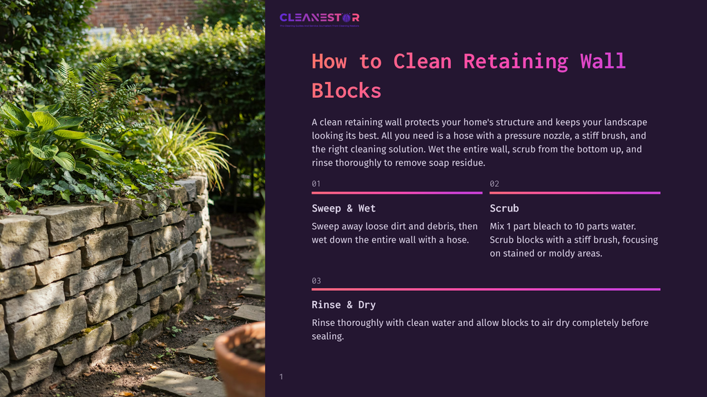 A Textured Stone Retaining Wall With Lush Green Plants And A Terracotta Pot In The Foreground, With Text Overlay: &Quot;Cleanestor: Pro Cleaning Services For Seamless Home Cleaning Solutions. How To Clean Retaining Wall Blocks&Quot;.