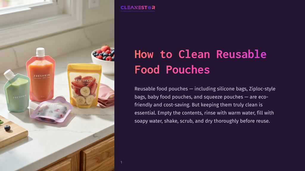 1 How To Clean Reusable Food Pouches Assortment Of Colorful Reusable Food Pouches, Including A Pink Squeeze Pouch Labeled &Quot;Freshkin,&Quot; A Yellow Pouch Filled With Sliced Strawberries And Bananas, And A Purple Pouch With Berries.