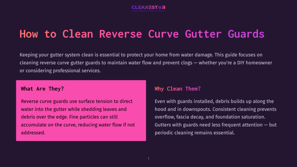 Title Card For &Quot;How To Clean Reverse Curve Gutter Guards&Quot; By Cleanestor, Featuring Dark Purple Background With White And Pink Text.