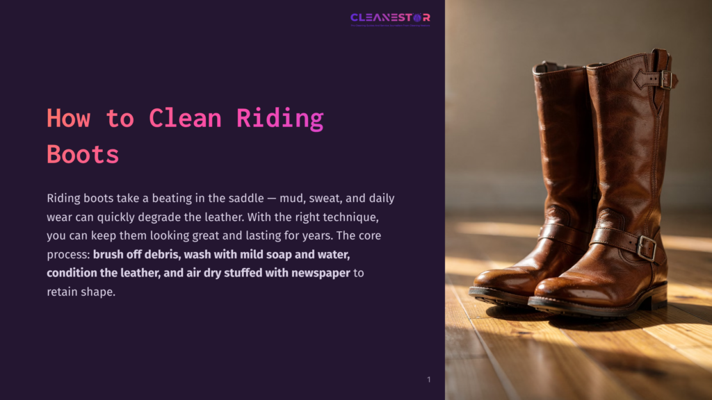 Two Rich Brown Leather Riding Boots With Buckles Stand On A Wooden Floor, Bathed In Warm Sunlight. The Text &Quot;How To Clean Riding Boots&Quot; Is Visible On The Left.