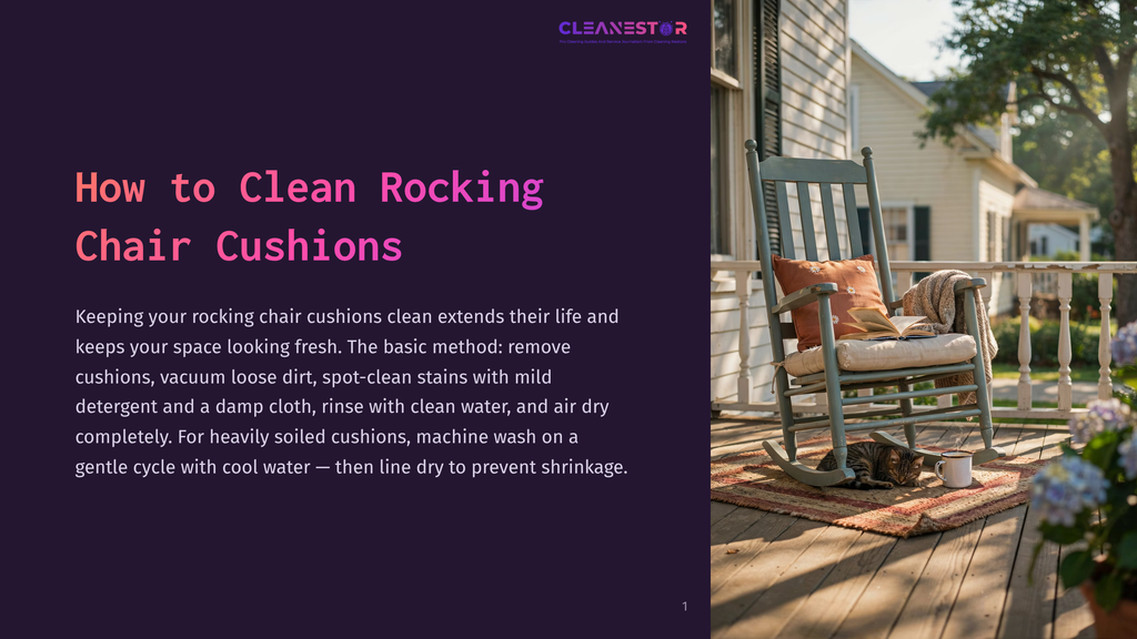 A Weathered Teal Rocking Chair On A Wooden Porch, Adorned With A Book And A Knitted Blanket, With A Tabby Cat Lounging On The Seat. Text Overlay: &Quot;How To Clean Rocking Chair Cushions.