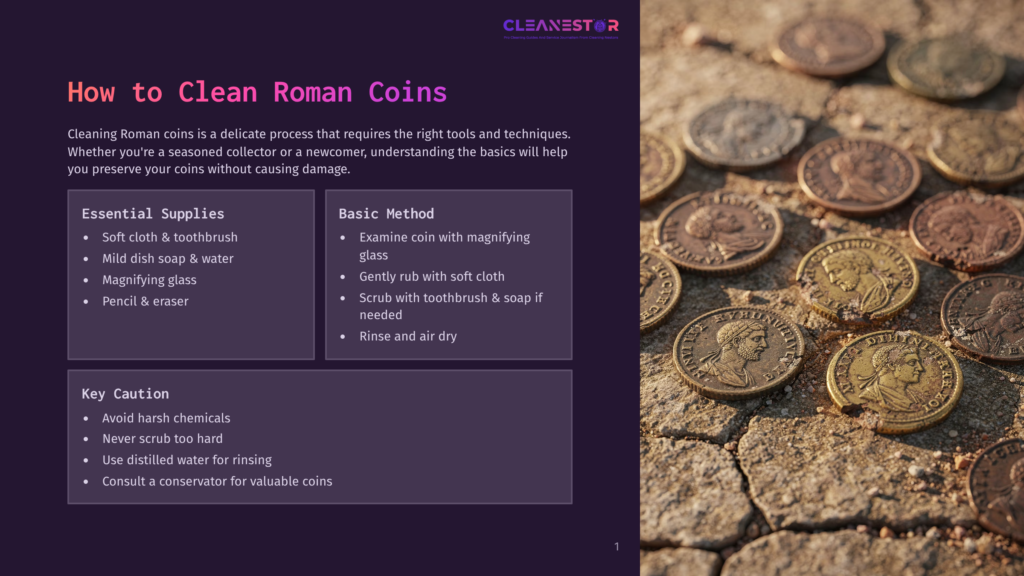 1 How To Clean Roman Coins Close-Up Of Ancient Roman Coins With Detailed Profiles, Resting On A Rough, Textured Stone Surface. The Image Highlights The Intricate Designs Of Historical Currency.